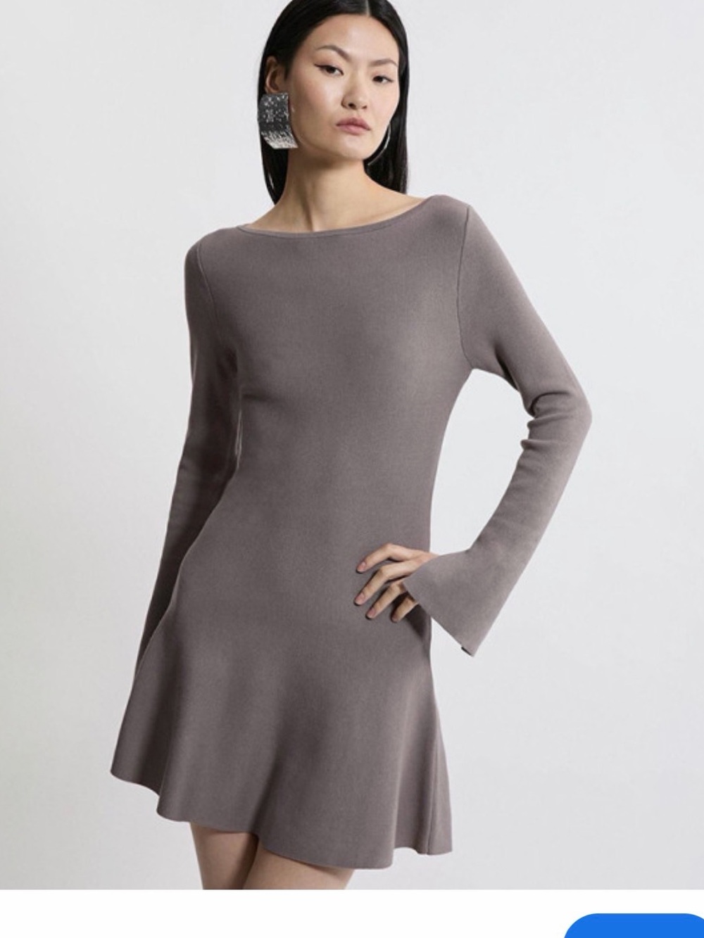 Karen Millen Taupe Long-Sleeve Flare Knit Dress